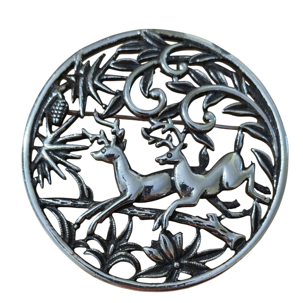 Vintage Sarah Coventry Silver Tone Leaping Deer Woodland Openwork Brooch Novelty
